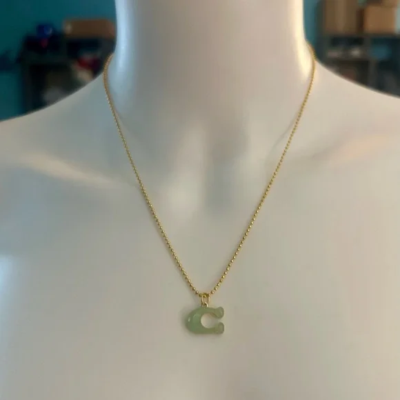 Coach Translucent Jade Green “C” Pendant 18k/.925 Necklace - Picture 7 of 9